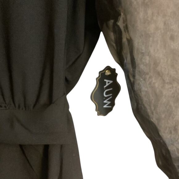 AUW Dressy Blouse Women's Size M Black Sheer Long Sleeves Gold Pearl Belt - Picture 9 of 12